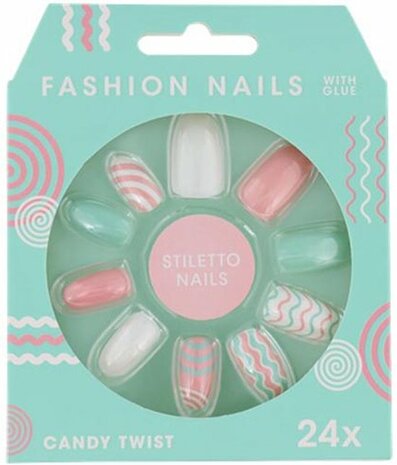 Fashion nails nepnagels &quot;candy twist&quot; - Roze / Blauw - Acryl - One Size - Set van 24 - Nagels - Spa - Salon
