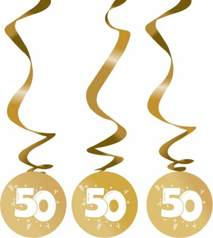 Spiraal slinger 50 Jaar - Goud / Wit - Karton - 11,5 x 75 cm - Set van 3 - Abraham - Sarah - 50 jaar - Verjaardag - Feest - Fee