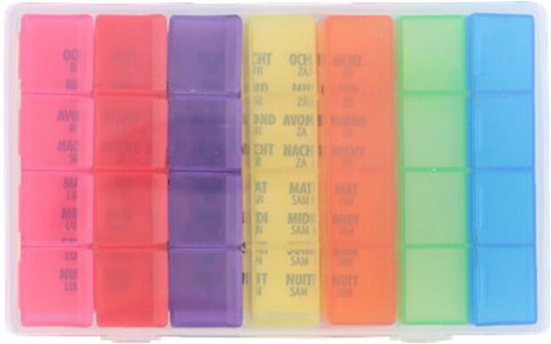 Pillendoos met datum en tijd stickers - Multicolor - Kunststof - 17,5 x 2,5 x 10,5 cm - Pillendoos - Organiser