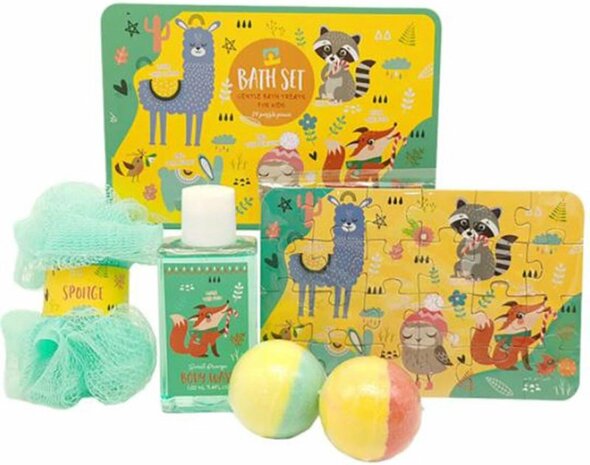 Bad set Sweet Orange Animals dieren - Geel / Blauw - Metaal / Kunststof - Set van 4 - Bad - Geschenkset - Cadeauset - Cadeau - 