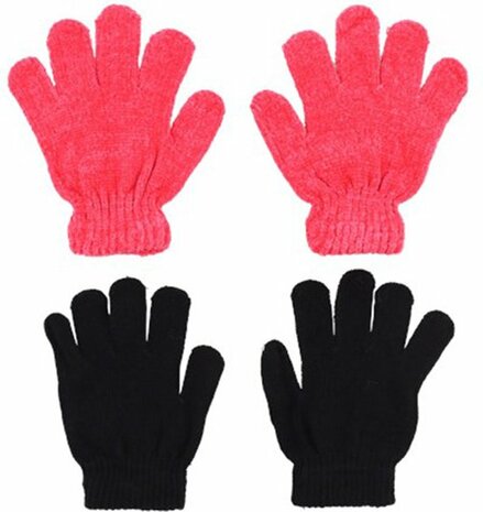 Kids handschoenen effen en velvet - Zwart / Roze - Acryl / Elastaan / Polyester - One Size - Set van 2 paar