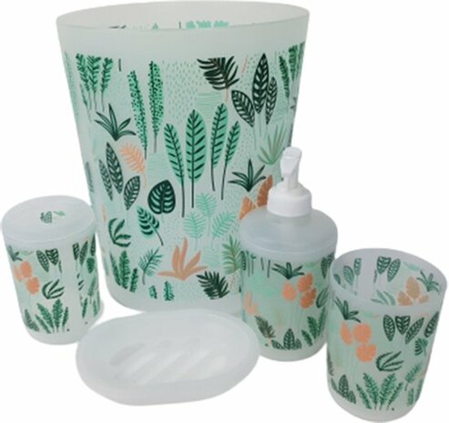 Badkamer accessoires set met botanische print - Groen / Transparant - Kunststof - Emmer / Zeeppomp / Zeephouder / Tandenborstel