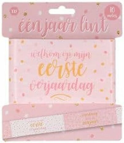 &Eacute;&eacute;n jaar lint verjaardagslint verjaardag 1 jaar - Roze - Kunststof - 10 m