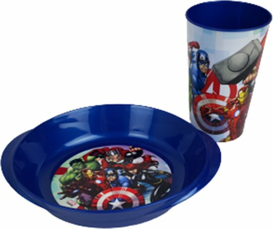 Marvel Avengers kinderservies beker en bordje - Blauw / Multicolor - Kunststof - 250 ml - Set van 2 - Servies - Kinderservies -