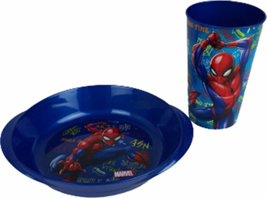 Spiderman kinderservies beker en bordje - Blauw / Multicolor - Kunststof - 250 ml - Set van 2 - Servies - Kinderservies - Beker