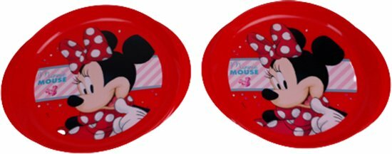 Minnie Mouse kinderservies dinerbord - Rood / Multicolor - Kunststof - &oslash; 20,5 cm - Set van 2 - Servies - Kinderservies -