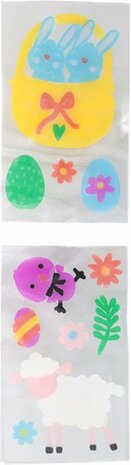 Gel raamstickers pasen mand met blauw paashazen - Geel / Blauw / Multicolor - Gel - Herbruikbaar - Pasen - Paashaas - Easter - 