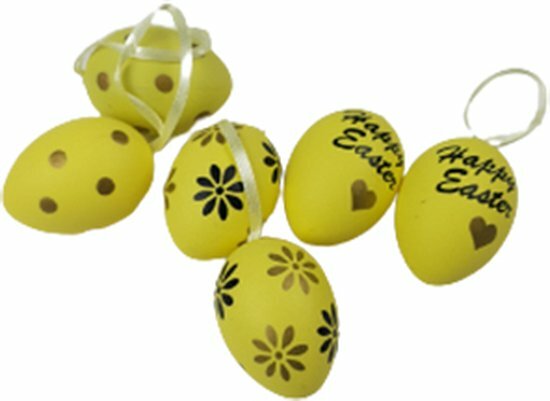Decoratie Paaseitjes &quot;Happy Easter&quot; - Geel / Zwart - Kunststof - 4,5 x 3 cm - 6 Stuks - Pasen - Paasei - Ei - Eit