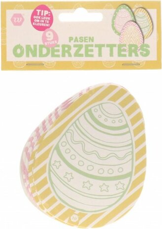 Paas onderzetters met ei print - Geel / Roze / Groen - Karton - 8 x 10 cm - 9 stuks - Pasen - Paasei - Onderzetter - Feest - Pa