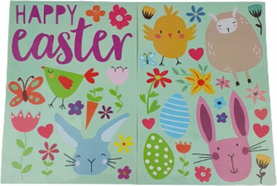Pasen Raamstickers Happy Easter - Multicolor / Groen - Kunststof - 2 Vellen - Interieur - Feest