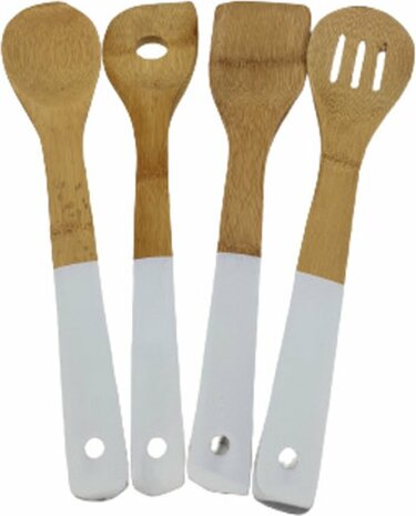 Keukengerei set BRODIE - Lichtbruin / Wit - Hout - l 30 cm - 4 stuks - Koken - Keuken - Pollepel / Spatel / Saladelepel / Opsch