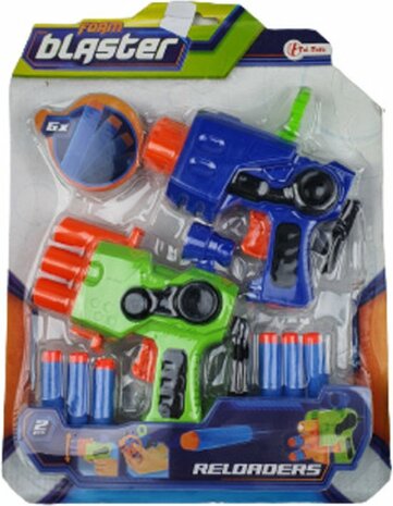 Dart pistolen met 6 darts - Groen / Blauw - Kunststof / Foam - Speelgoed pistool - Buiten