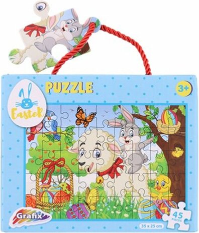 Puzzel Pasen lammetje en paashaas - Blauw / Multicolor - Karton - 45 stukjes - vanaf 3 jaar - Puzzelen - Puzzel - Speelgoed - S