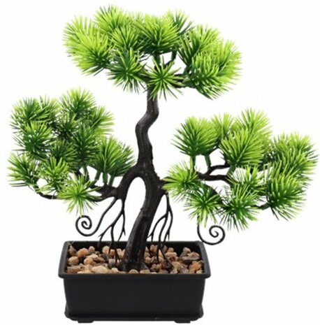 Bonsai in pot - Groen / Zwart - Kunststof - Ca. 16 x 12 x 23 cm - Kunstplant - Bonsai - Tree - Boompje - Decoratie