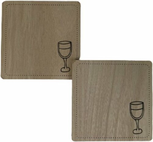 Onderzetters STEN - Wijnglas patroon - Vierkant - Zwart / Bruin - Hout - 9 x 9 cm - Set van 2