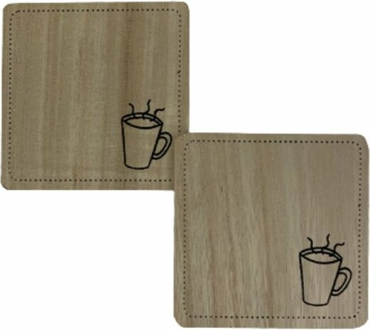 Onderzetters STEN - Koffie patroon - Vierkant - Zwart / Bruin - Hout - 9 x 9 cm - Set van 2