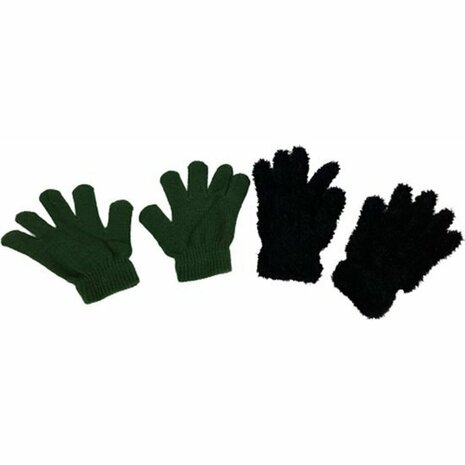 Kids handschoenen effen en fluffy - Groen / Zwart - Elastaan - Acryl - One Size - Set van 2 paar
