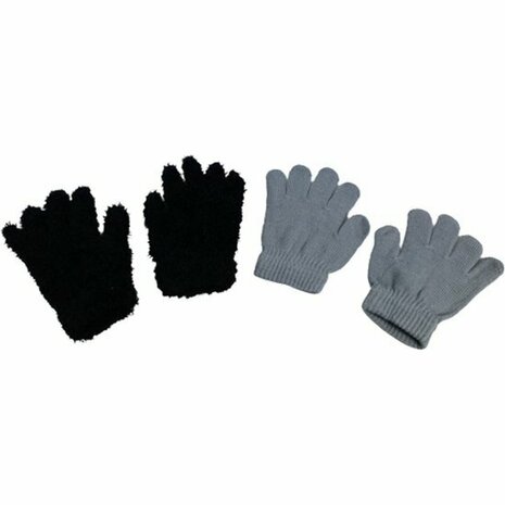 Kids handschoenen effen en fluffy - Grijs / Zwart - Elastaan - Acryl - One Size - Set van 2 paar