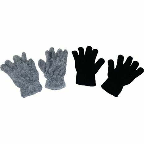 Dames handschoenen effen en fluffy - Zwart / Grijs - Elastaan - Acryl - One Size - Set van 2 paar