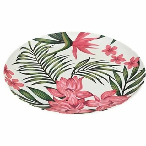 Bord met plant en bloem print SANDER - Roze / Groen - Melamine - &Oslash; 25 cm - Set van 2 - Bord - Eetbord - Dinerbord - Best