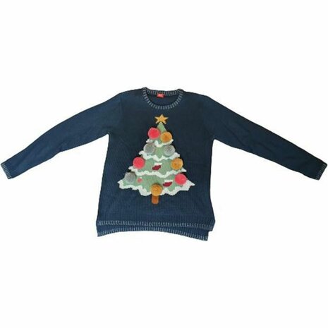 Kersttrui - Kerstboom met kerstballen - Donkerblauw - Polyester - Maat L