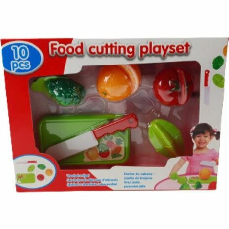 10-delige snij speelset bestaande uit verschillende soorten groente. Inclusief kunststof mesje en snijplank.