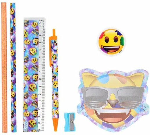 Schrijfwarenset Emoji - Kat - Smiley - Gevulde etui - Schrijfwaren - Multicolor - Sticky Notes - Potloden - Pen - Gum - Slijper