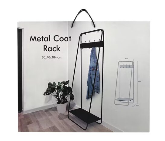 Industrieel Jassenrek / Industri&euml;le kapstok -  Metal Coat Rack wandrek  - Zwart - Metaal - 65 x 40 x 184 cm 