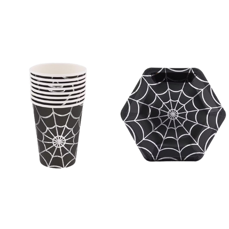 Spinnenwebben borden en bekers - Karton - Zilver / Multicolor - Ø20 cm - Halloween 2