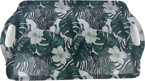 Trendy dienblad DARA met zebra en plant motief - Groen / Zwart / Wit - Kunststof - 38 x 23,5 cm 