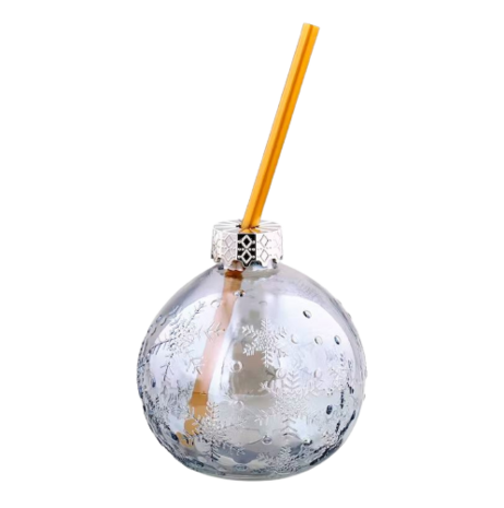 Kerstbal drinkbeker met rietje donker glas - Goud / Transparant - Glas / Kunststof - 220 ml - Set van 2 - Drinken - Kerst - Gla