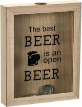 Spaarpot voor bierdopjes &quot;The Best Beer Is An Open Beer&quot; - Lichtbruin / Transparant - Glas / Hout - 20 x 4 x 25 c