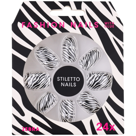 Fashion Nails nep nagels zebra design - Zwart / Wit - Kunststof - Set van 24