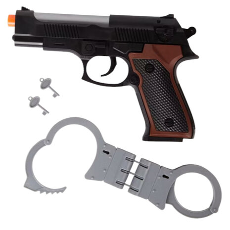 Speelgoedpistool met handboeien - Zwart / Bruin - Kunststof - 21 x 15 cm - Speelgoedwapen - Speelgoedpistool - Speelgoed