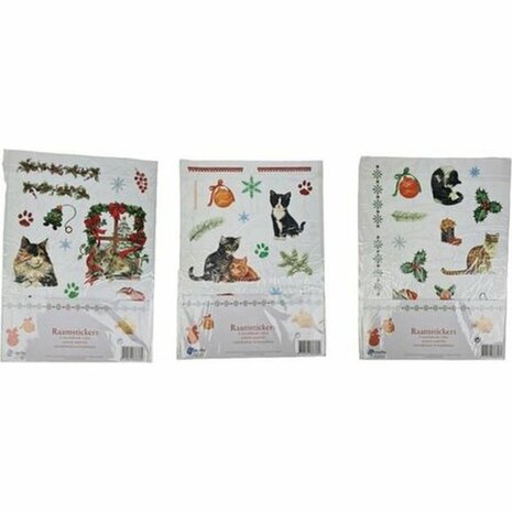 Kerst Raamstickers - Wit / Multicolor- Kerst - Katten stickers - 33x24 cm - Kunststof - 2 Stickers - Herplakbaar - Assorti