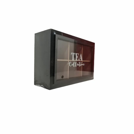 Theedoos met tekst ''TEA Collection'' - Zwart / Bruin - Hout - 23 x 15 x 7 cm - 6 vakken - Tea box