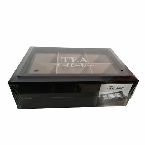 Theedoos met tekst ''TEA Collection'' - Zwart / Bruin - Hout - 23 x 15 x 7 cm - 6 vakken - Tea box 