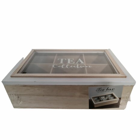 Theedoos met tekst ''TEA Collection'' - Wit / Bruin - Hout - 23 x 15 x 7 cm - 6 vakken - Tea box