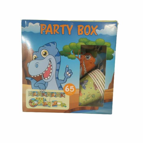 Party box Dinosaurussen - Blauw / Groen - Dino&#039;s - Dino - Feest set - 65 Stuks - Slinger - Bekers - Bordjes - Rietjes - Feestje - Kinderfeest - Servetten - Roltongen - Feesthoedjes