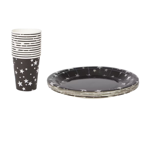 Papieren bekers en borden PARTY COLLECTION NY - oud en nieuw - Zilver / Zwart - Karton - ⌀ 18 cm - set van 12 bekers en 15 bo