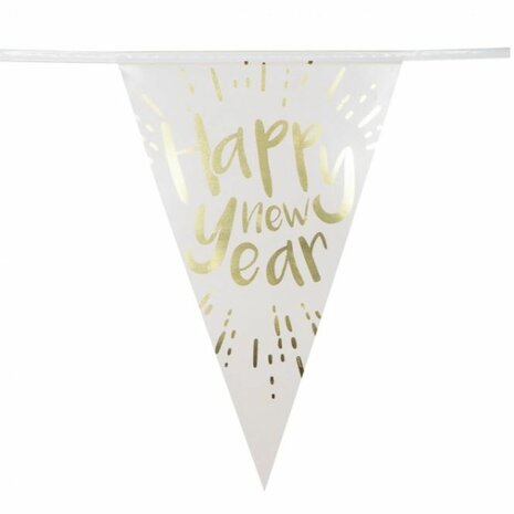 Vlaggenlijn &quot;Happy New Year&quot; - Goud / Wit - Kunststof - 4 meter - Slingers - Vlag - Vlaggenlijn - 10 Vlaggen - Oud en Nieuw