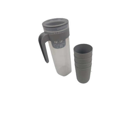  ROSALIE - Kunststof schenkkan met 4 drinkbekers - Tranparant / Grijs - Kan met filter - 1 liter - Slijt - en breekvast