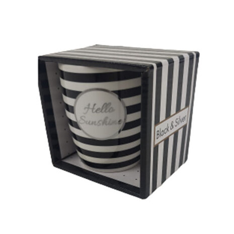 Mok met tekst "Hello Sunshine" - Zwart / Wit - Keramiek - Geschenkverpakking - Cadeau