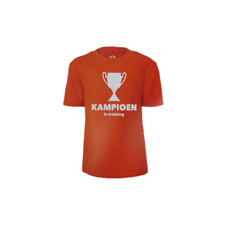 Oranje kinder T-shirt met tekst &#039;&#039;KAMPIOEN in training&#039;&#039;- Oranje / Wit - Katoen - Maat 122 / 128 - 