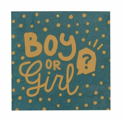 Boy Or Girl ? Servetten - Blauw / Petrol / Goud - Gender Reveal Party - Papier - Geboorte - 6,5 x 6,5 cm - 12 Stuks 