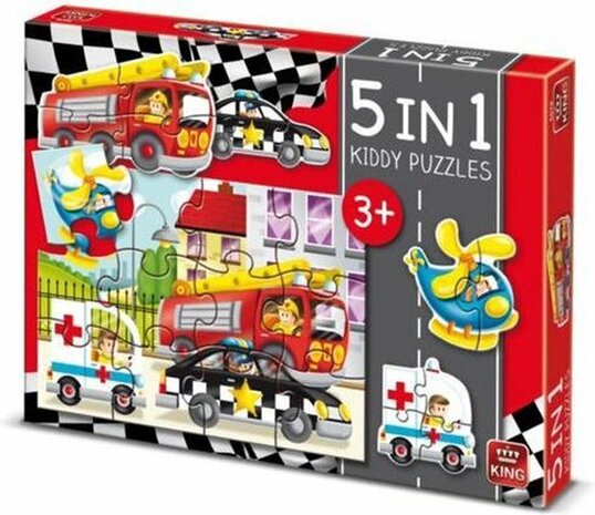 Kiddy 5 in 1 Puzzel - Multicolor - Hulpdiensten / Brandweer / Politie - Karton - 3+