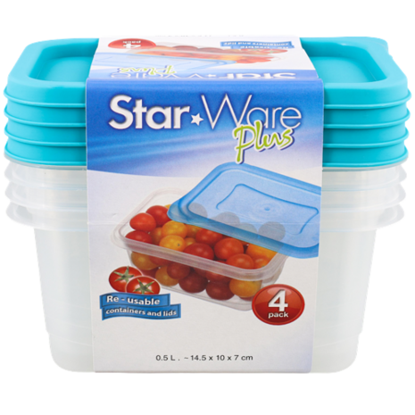 Star Ware vershouddozen met deksels - Blauw / transparant - Kunststof - 14.5 x 10 x 7 cm - 0,5 Liter - Set van 4Star Ware versh