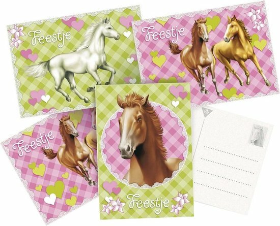 Paarden Uitnodiging Kaarten / Uitnodigingskaarten Meisjes - Groen / Roze - Karton / Papier - 10 x 15 cm - Set van 6 - Assorti -