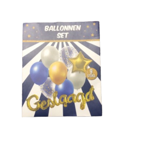 Geslaagd ballonnen set - Blauw / Goud / Wit - 9 stuks - School - Examen 