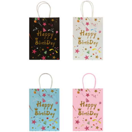 Happy Birthday Papieren uitdeelzakjes -  Multicolor - Papier - 15 x 11 cm - Set van 4 - 12 stuks - Happy Birthday - Traktatie -